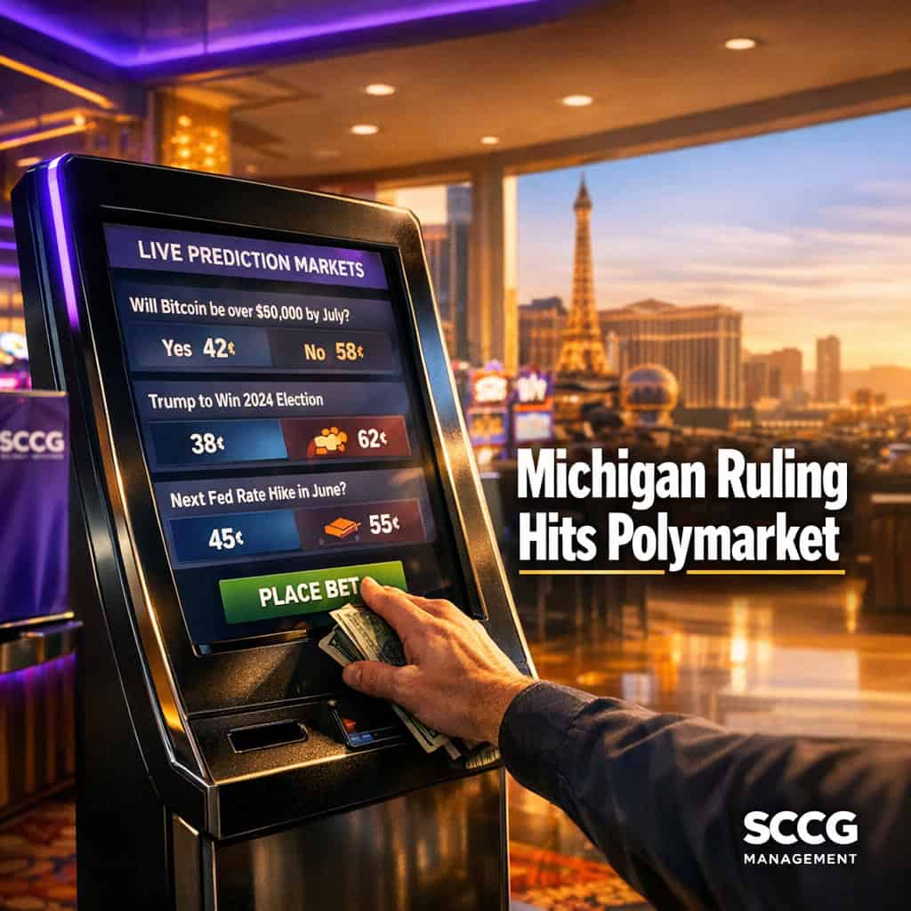 A hand places a live wager on a glowing self-service betting kiosk screen displaying prediction market options on a bright casino concourse.