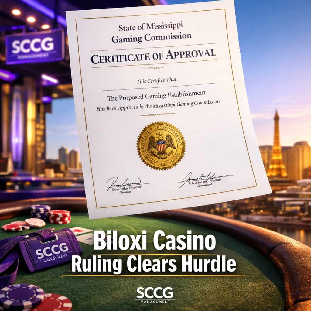 An official Mississippi Gaming Commission approval certificate held against a bright sky, representing the cleared regulatory hurdle for the Biloxi casino project.