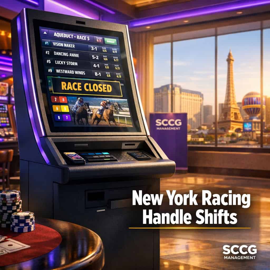 Self-service betting terminal on a bright casino floor displays live New York racing odds with a closed status notice.
