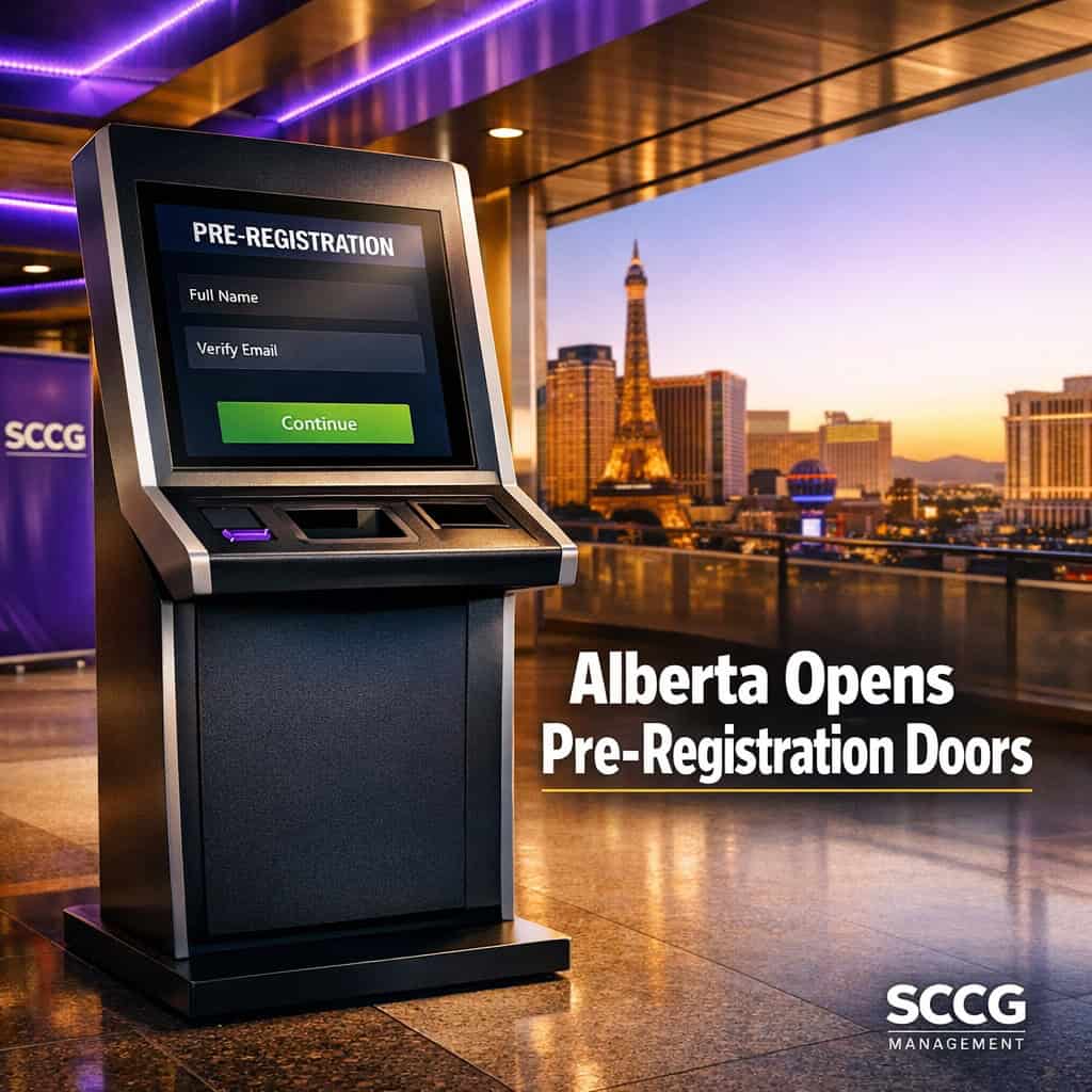 A betting terminal kiosk displays the Alberta sports betting pre-registration screen on a bright concourse.