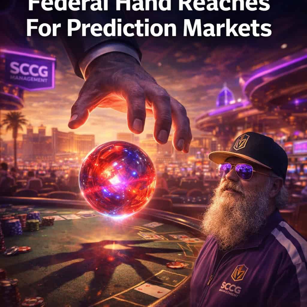 A massive federal hand reaches toward a glowing prediction-market orb above a tribal casino floor while a man in a cap and sunglasses watches.