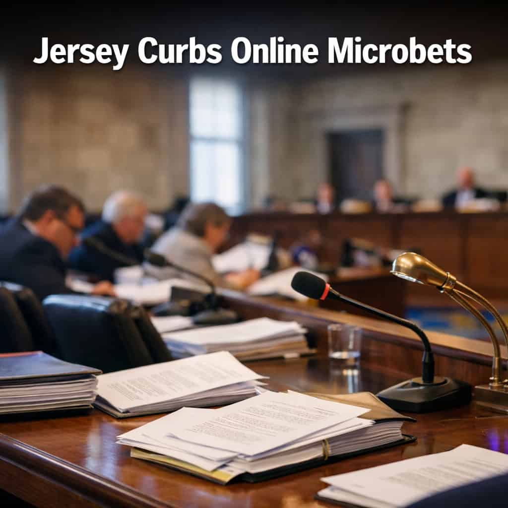New Jersey legislative hearing room with lawmakers seated at a long wooden table and documents spread during debate over online sports betting restrictions.