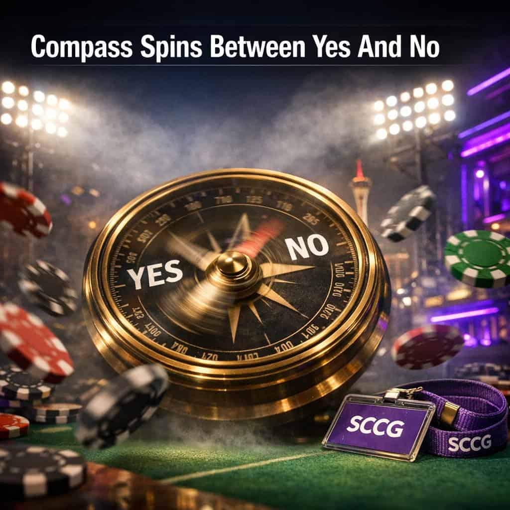 A compass needle spins rapidly between YES and NO labels amid swirling stadium lights and sports betting chips.