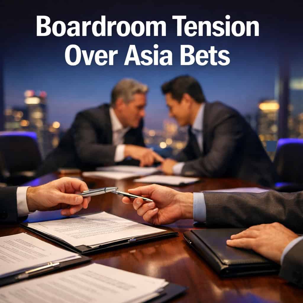 Glass-walled boardroom table with documents and pens scattered during an active deal negotiation under mixed lighting.