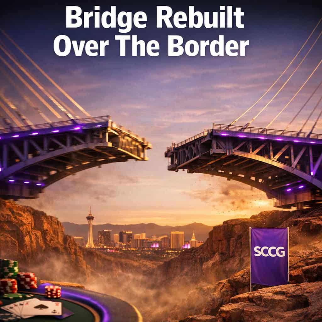 A massive bridge span gliding into alignment over a desert canyon at twilight, the two halves locking together in mid-air against a glowing horizon.