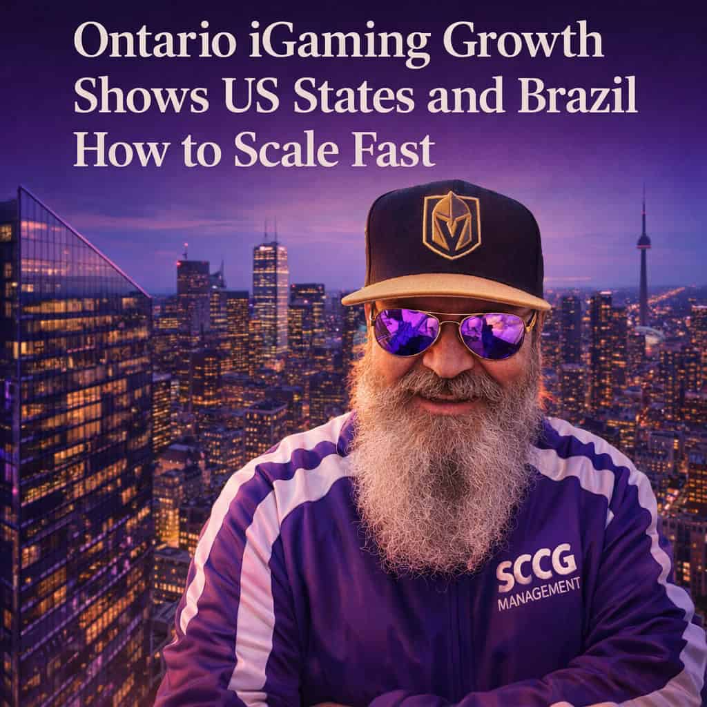 Ontario skyline with glowing financial district towers reflecting evening light, evoking rapid iGaming market growth.