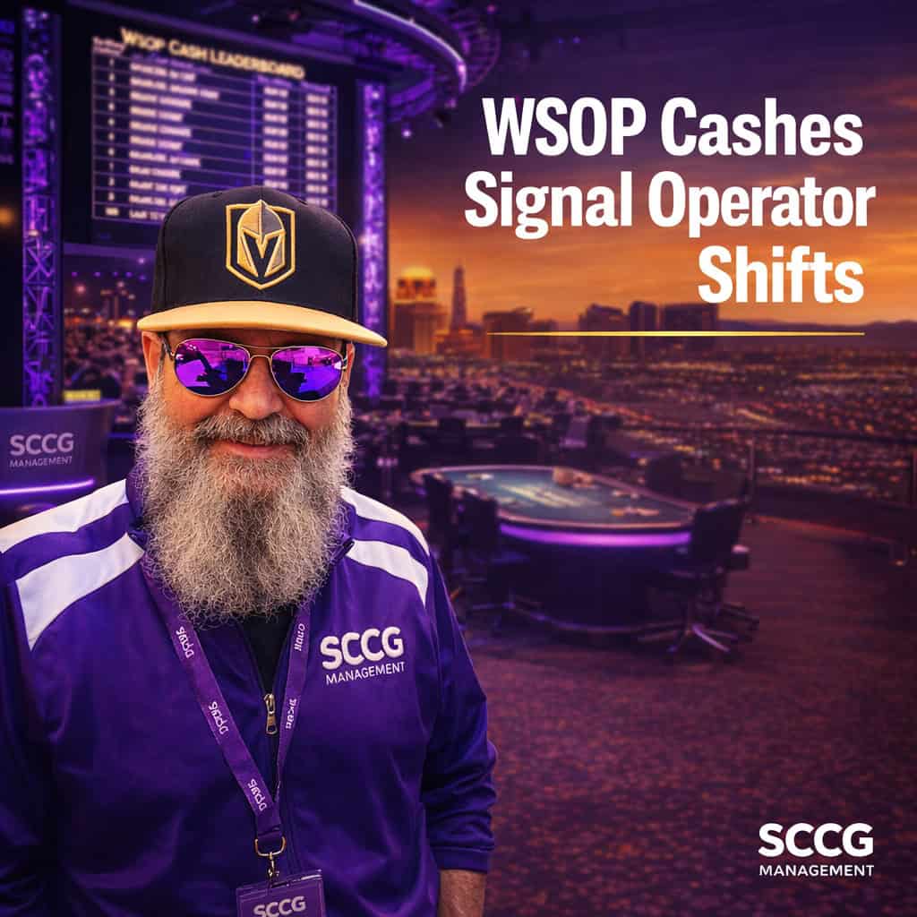 Large illuminated WSOP cash leaderboard screen displaying current top player earnings on a bright Las Vegas tournament floor.