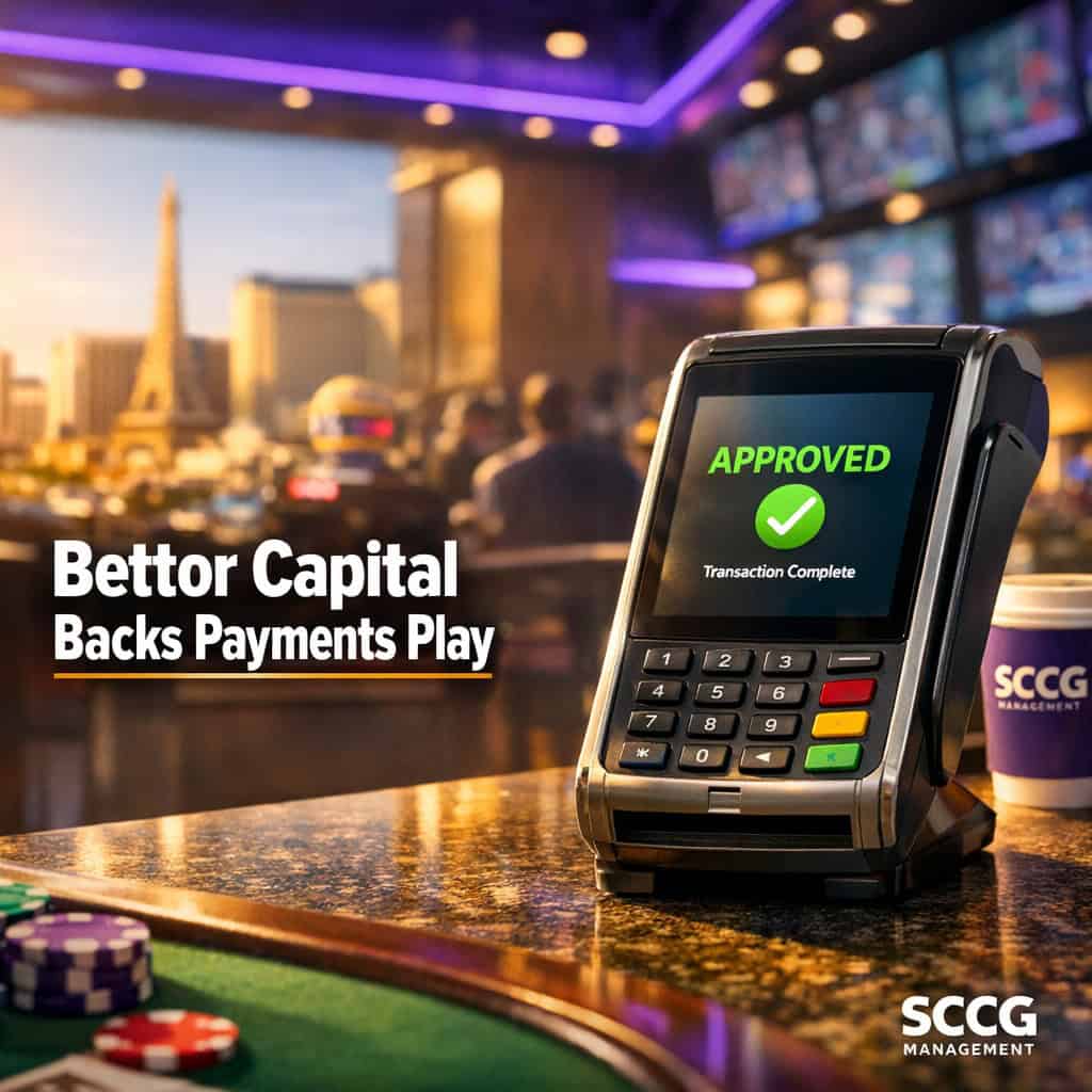 Payment terminal at a sportsbook counter displaying a successful transaction confirmation on a bright casino floor.