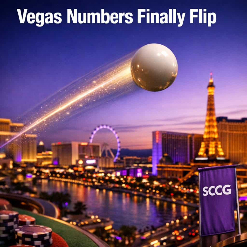 A roulette ball arcs sharply through the air over a neon Las Vegas skyline, its path carving a clean break in the glowing night.