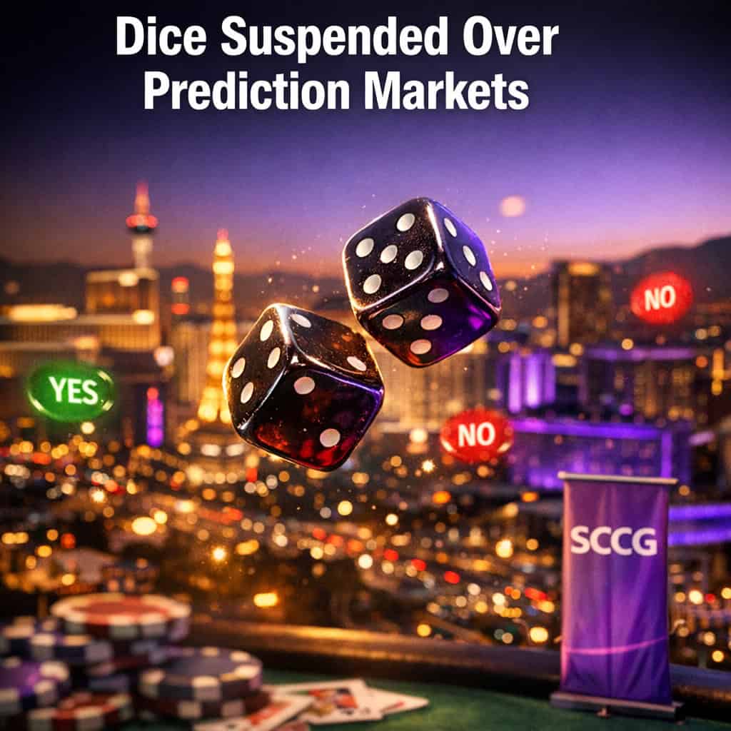 Dice suspended mid-roll between glowing yes/no prediction markers floating over a blurred city skyline at dusk.