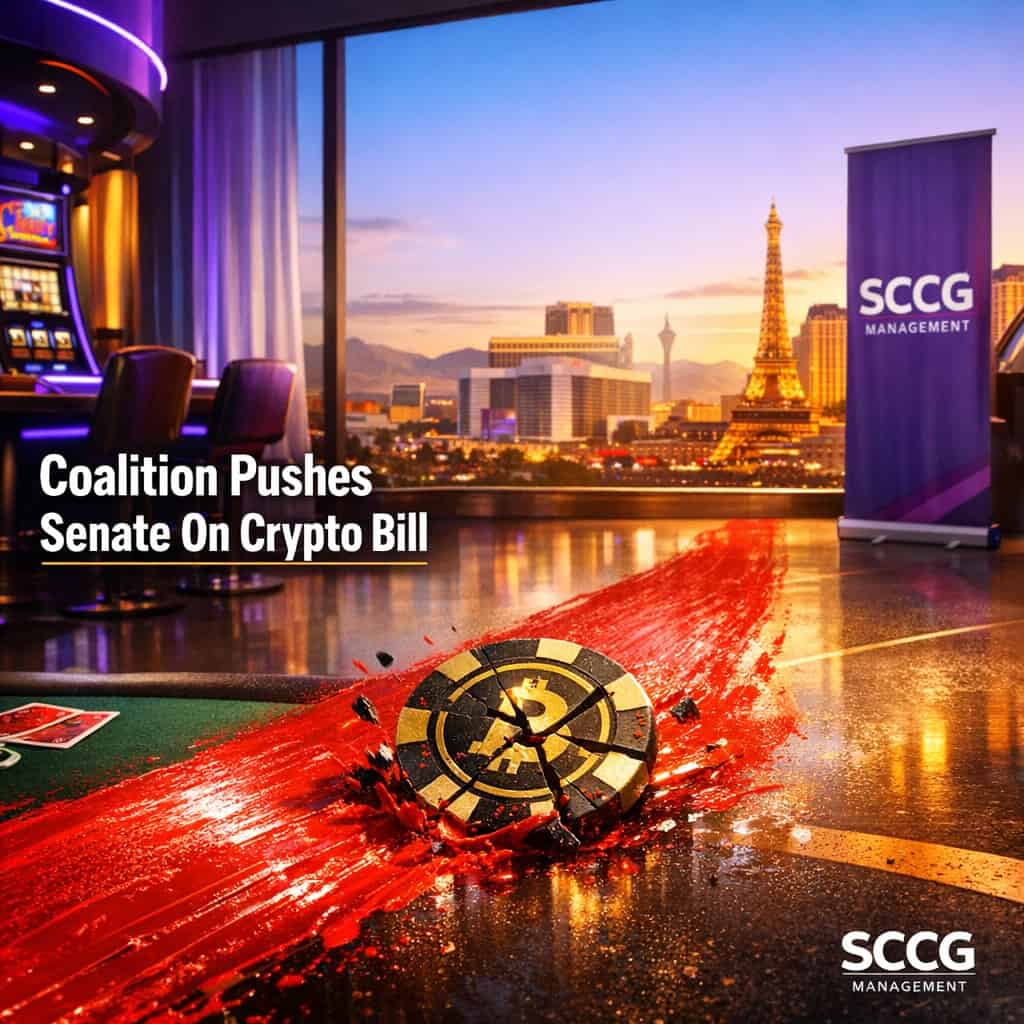 A vivid red regulatory line being painted across a sunlit casino floor, fracturing a glowing chip caught in its path.