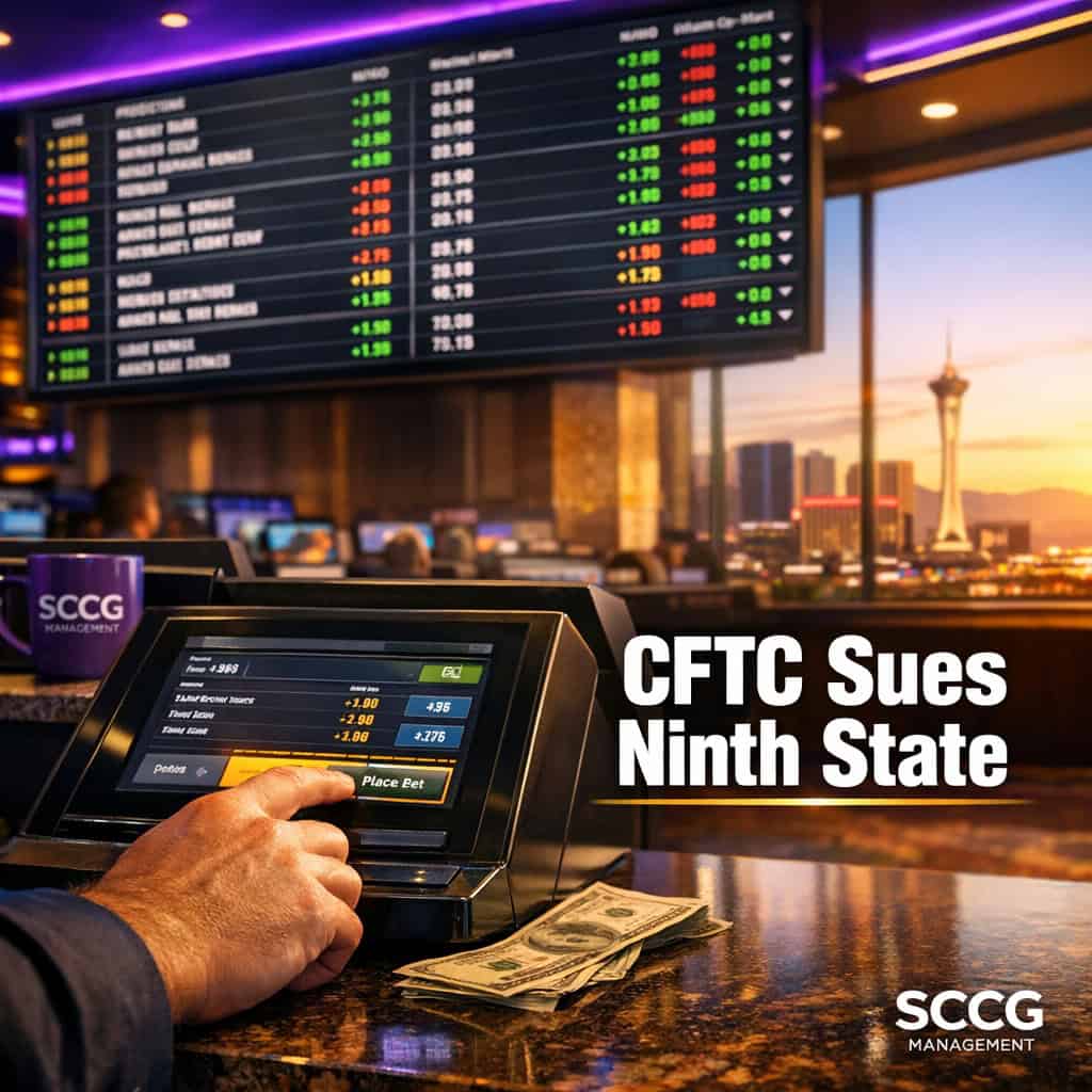 A hand placing a live prediction-market bet at a sportsbook terminal beneath a glowing odds board on a bright casino floor.