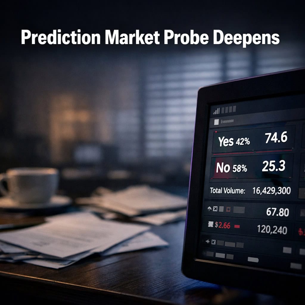 Dimly lit trading terminal screen displaying Kalshi market probabilities next to scattered financial documents on a wooden desk.