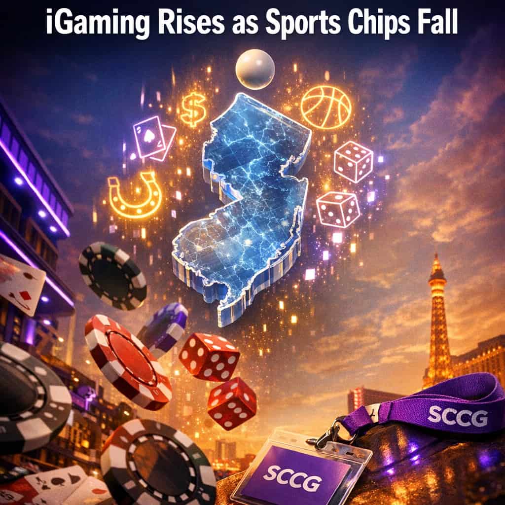 A roulette ball arcs across a glowing digital map of New Jersey as sports betting chips tumble away and iGaming icons rise in their place.