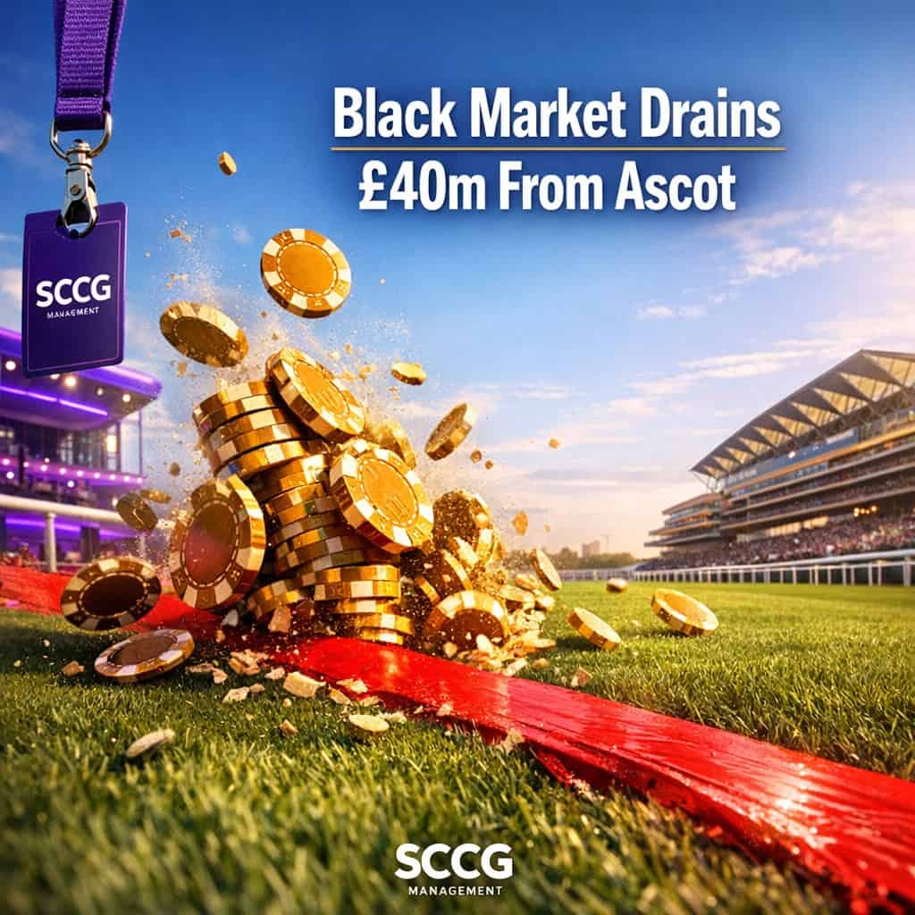 A bold red line cuts across a sunlit Ascot racetrack, scattering glowing stacks of golden betting chips in its wake.