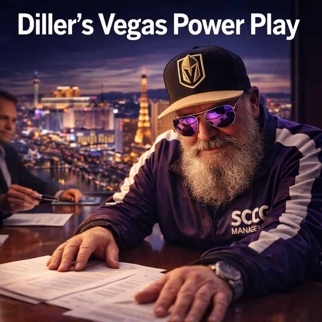 Steve in a dark cap and sunglasses leans forward at a glass conference table reviewing deal documents with MGM and Caesars signage visible behind him.