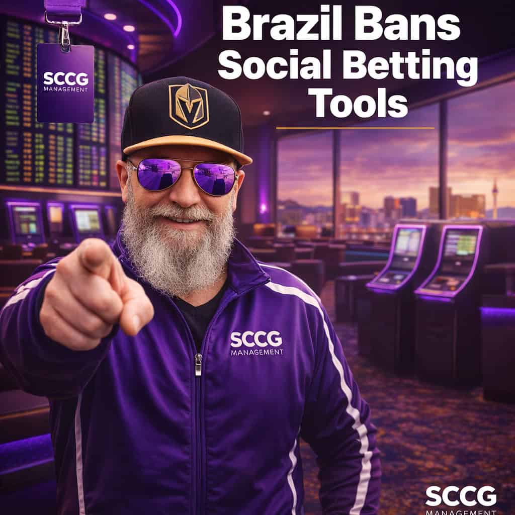 A confident man in an SCCG purple track jacket points toward camera in front of a busy sportsbook odds board and betting kiosk under bright daylight.