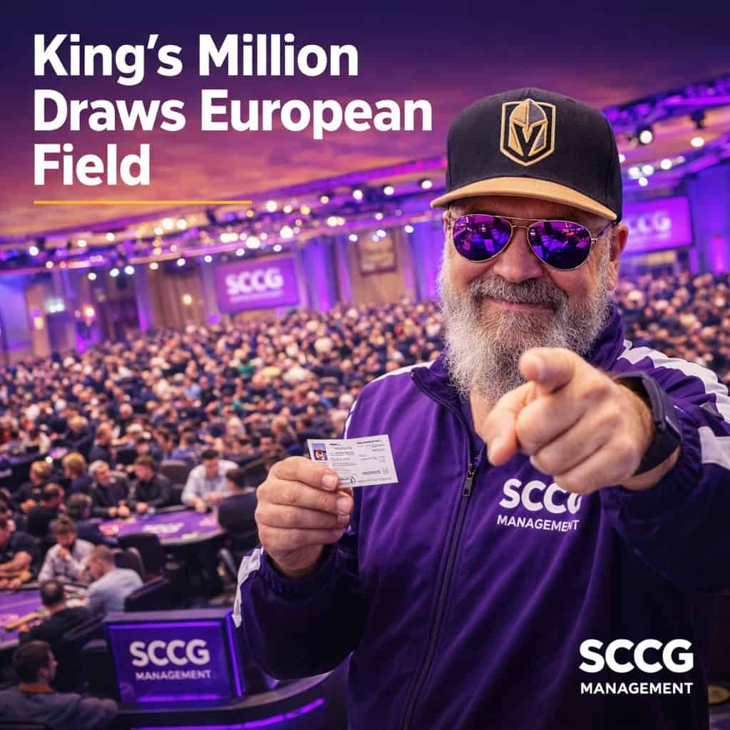 Man in cap and jacket points toward camera while holding a tournament ticket on a crowded, brightly lit poker floor at King's Resort Rozvadov.