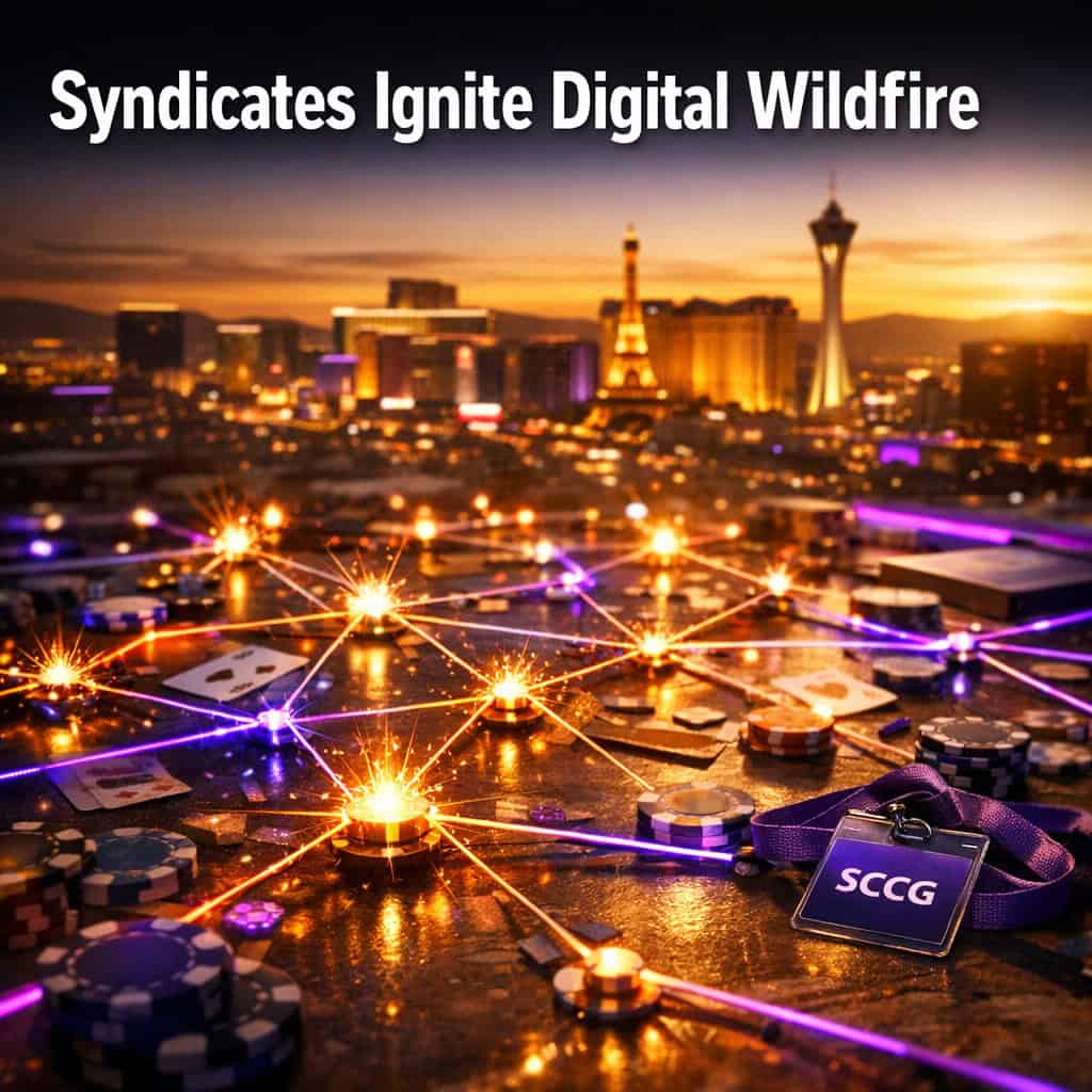 A shadowy network of glowing digital nodes spreads like wildfire across a dark background.