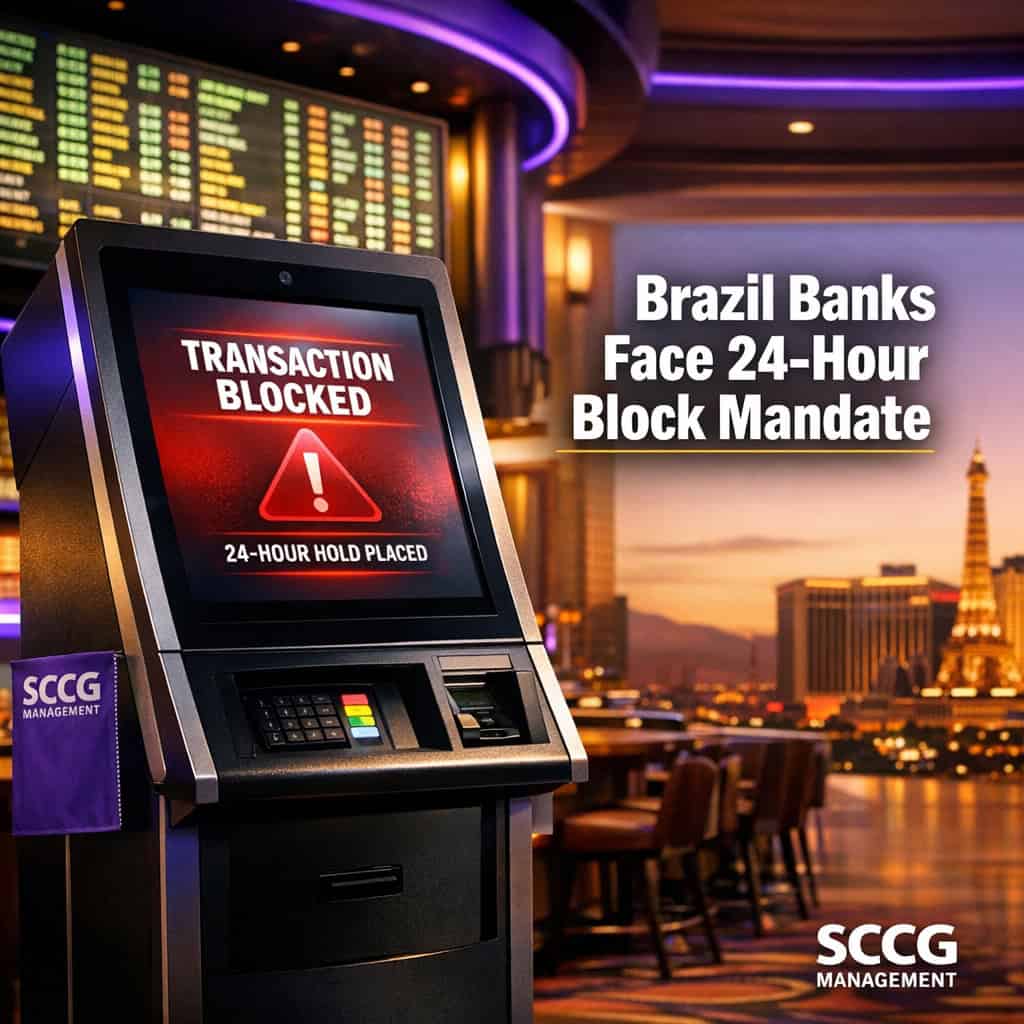 A sports betting terminal on a bright casino floor displays a blocked transaction under a glowing odds board.