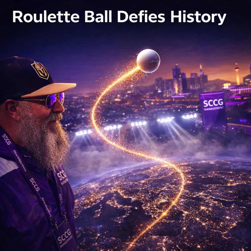 Roulette ball arcs across a glowing world map with stadium lights cutting through fog overhead.
