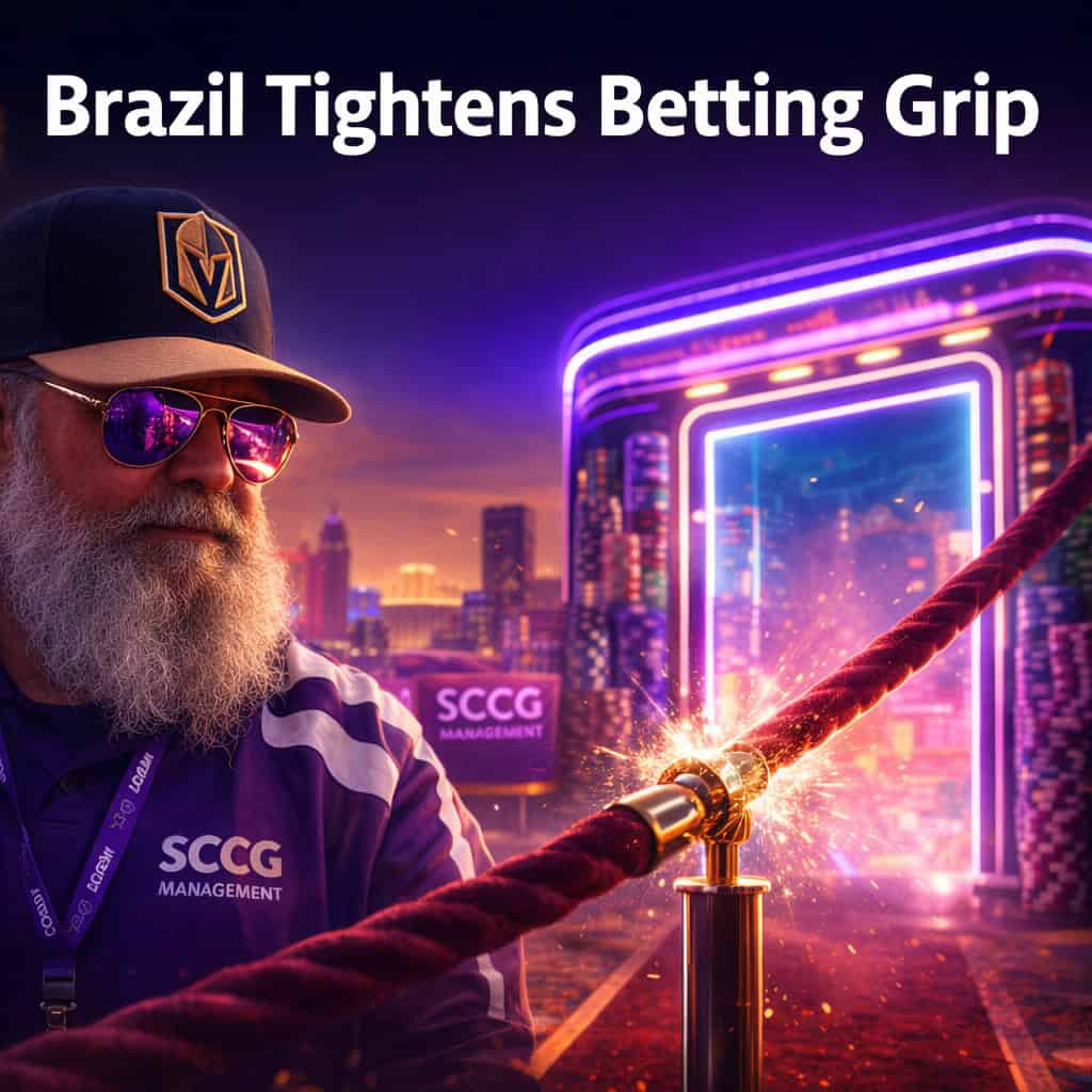 Brazilian finance minister watches as a taut velvet rope snaps across a glowing digital betting doorway amid flying debris and neon glow