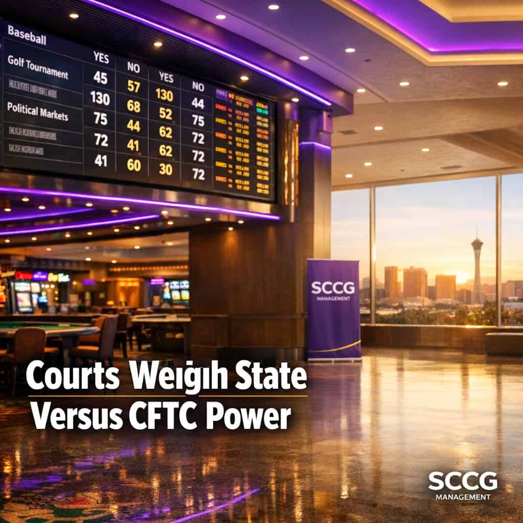 Large illuminated sportsbook odds board showing live prediction market event contract prices above a bright casino floor.