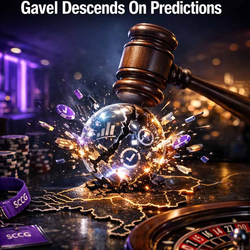 A glowing prediction market orb hovers above a roulette wheel as a massive regulatory gavel descends, scattering digital chips across a fractured map of the Netherlands.