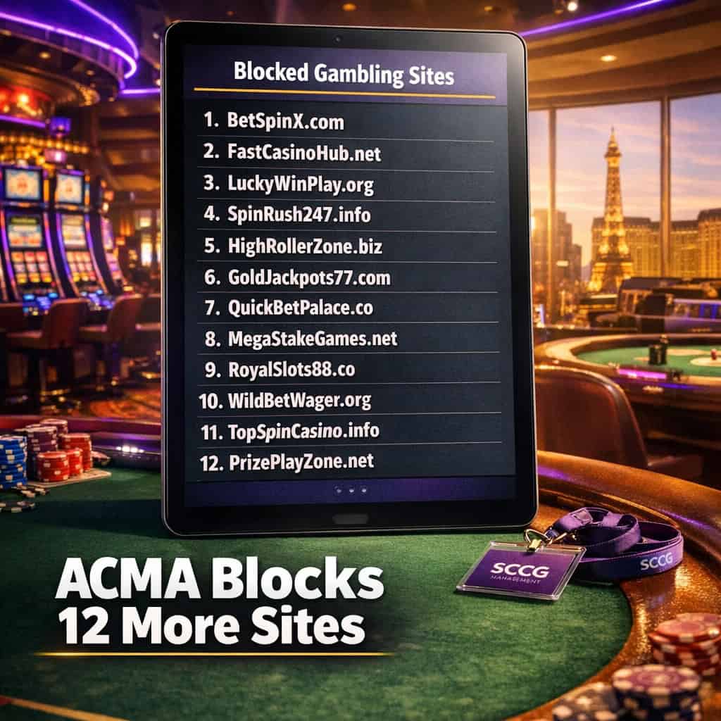Tablet on a casino floor displays twelve newly blocked illegal gambling domains in a bright, high-stakes regulatory scene.