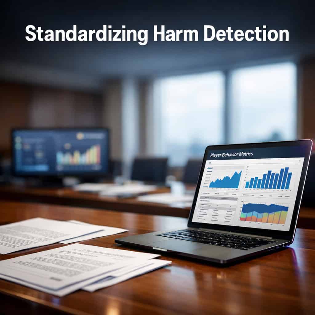 Documents and digital screens displaying behavioral gambling data markers on a conference table in a formal regulatory meeting room.