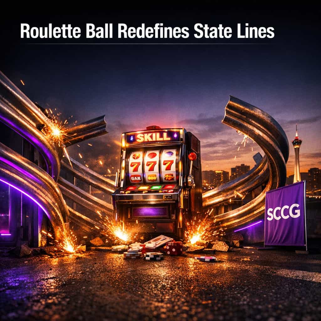 A glowing skill slot machine being encircled by rising steel guard rails under dramatic night lighting.