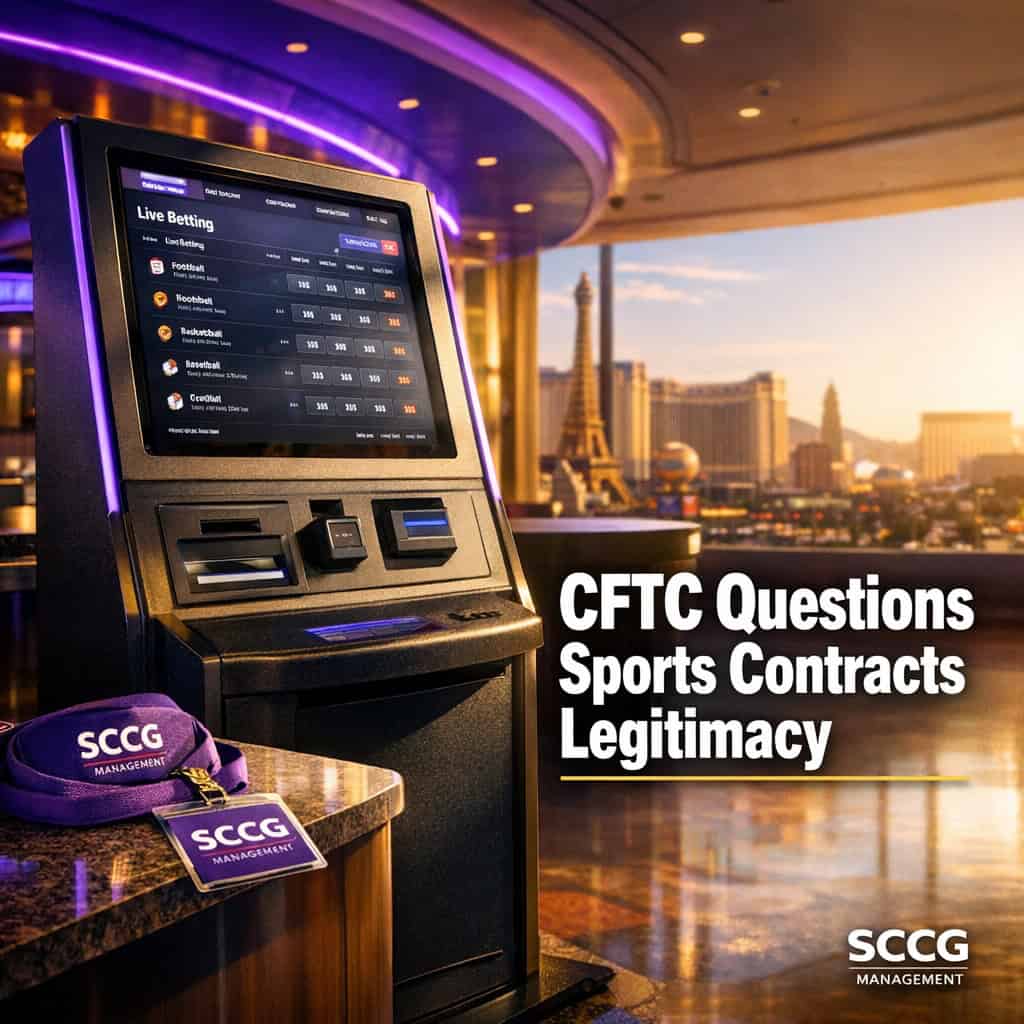 A bright casino concourse sports betting kiosk displays live sports event contracts and odds on its screen.