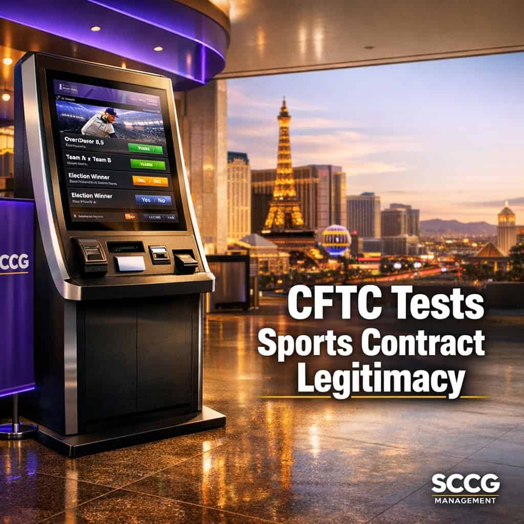 A self-service betting kiosk on a concourse displays live sports event contract options under bright directional light.