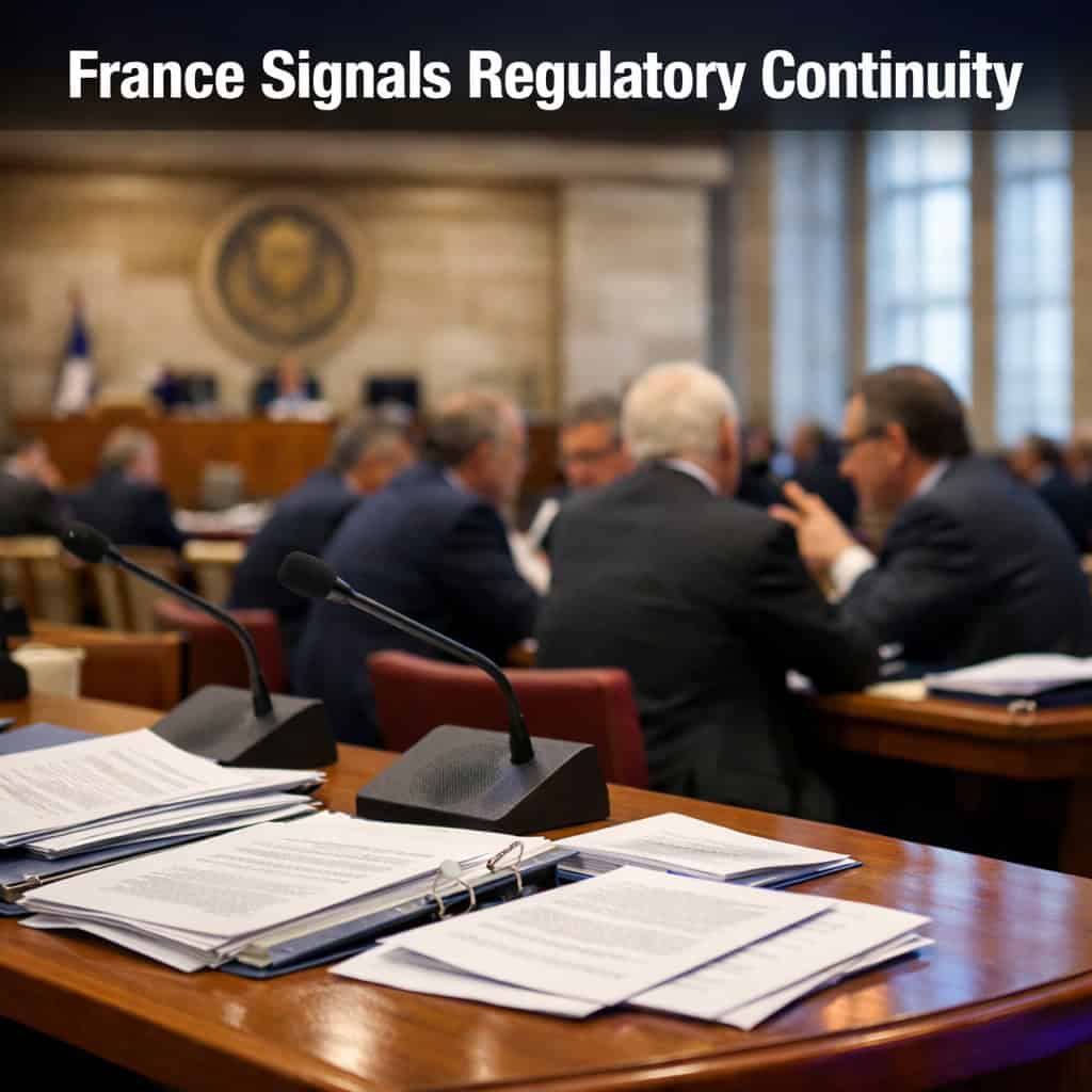 A French Senate committee chamber with members seated at long tables during a formal regulatory hearing, papers and microphones visible under cool even daylight.