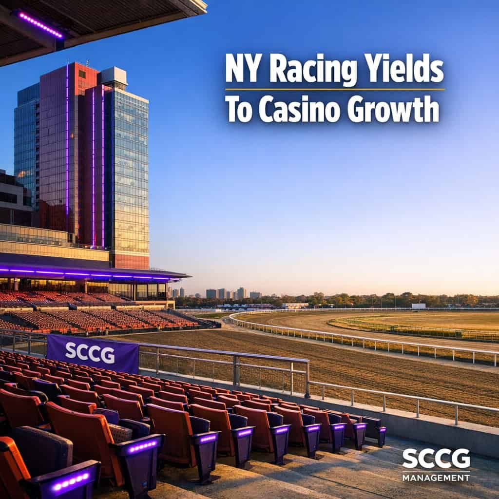 Empty Aqueduct Racetrack grandstand beside the Resorts World Casino tower under bright daylight.