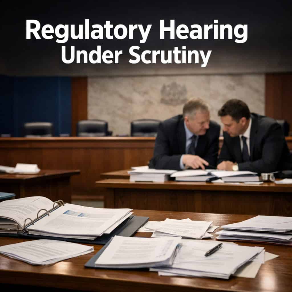 Dimly lit regulatory hearing room with attorneys reviewing stacks of documents and case files spread across a long wooden table under cool overhead lighting.
