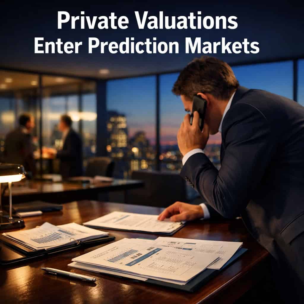 Businessman reviewing valuation documents at a modern office desk with city skyline visible through glass windows and soft rim lighting.