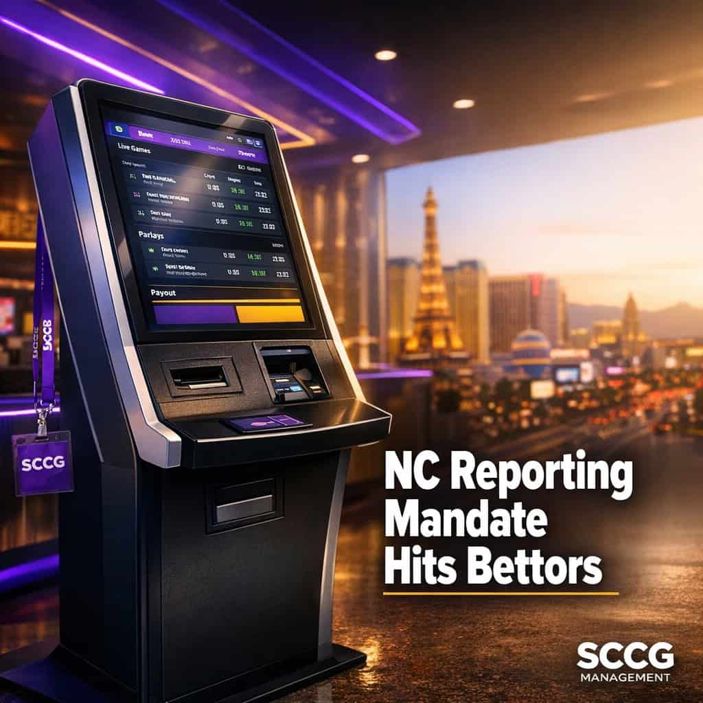 Self-service sports betting terminal screen shows active wagers and recent winnings under bright daylight on a busy concourse.