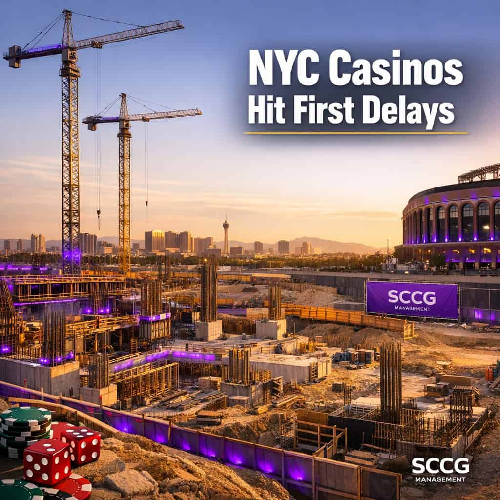 Construction cranes stand idle at the Hard Rock Metropolitan Park casino site beside Citi Field under bright golden hour light.