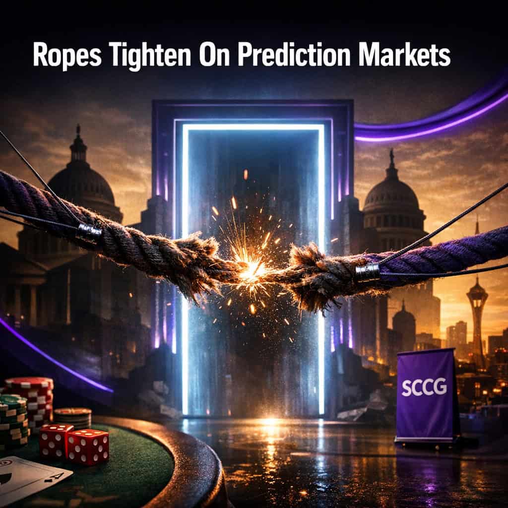 A velvet rope snaps taut across a glowing digital doorway as regulatory barriers clash with prediction market platforms.