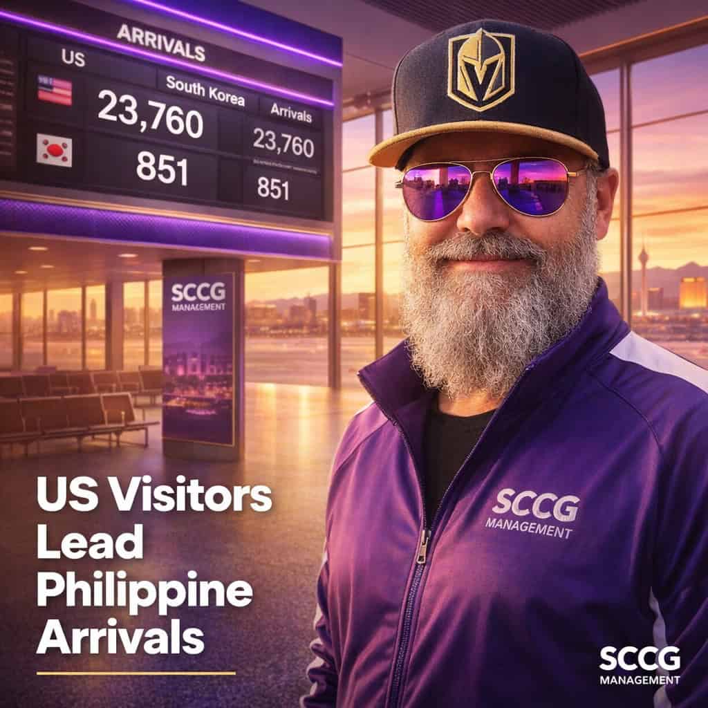 Airport arrival board showing U.S. visitor numbers ahead of South Korea in the Philippines terminal.