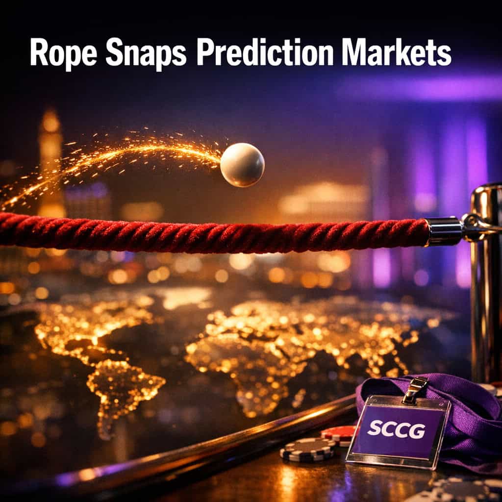 A roulette ball arcs across a glowing map while a velvet rope snaps tight across the digital path.