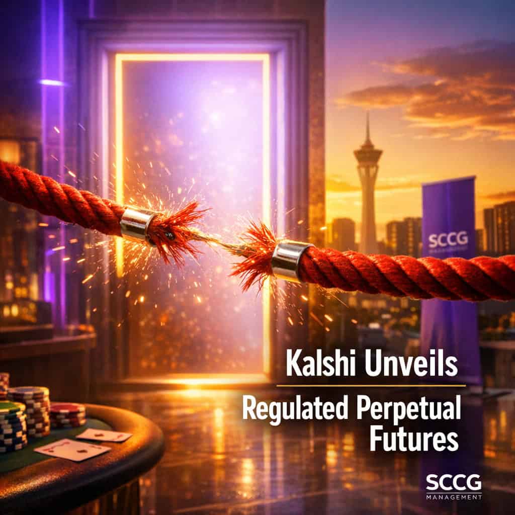 A glowing red velvet rope snaps taut across a luminous digital doorway under bright golden-hour light, symbolizing Kalshi's regulated perpetual futures launch.
