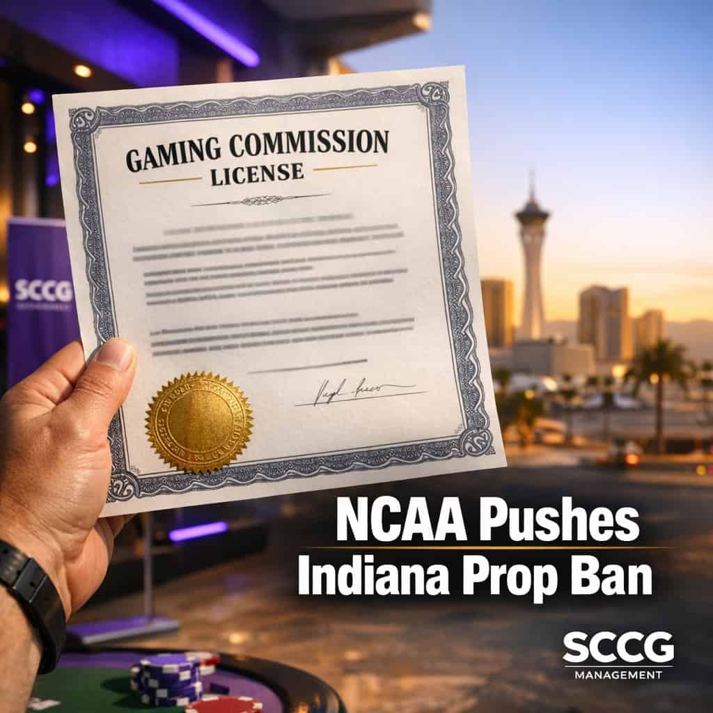 Gaming commission license certificate held up in bright daylight, seal and text visible against a clean luminous background.