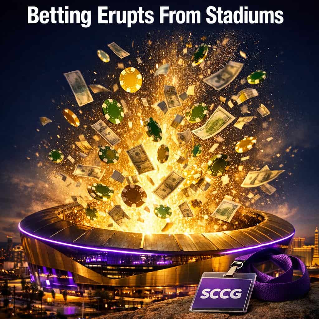 A massive golden stadium silhouette glowing against a dark sky while a torrent of luminous betting chips and cash notes erupts upward from its open roof like a volcanic plume.