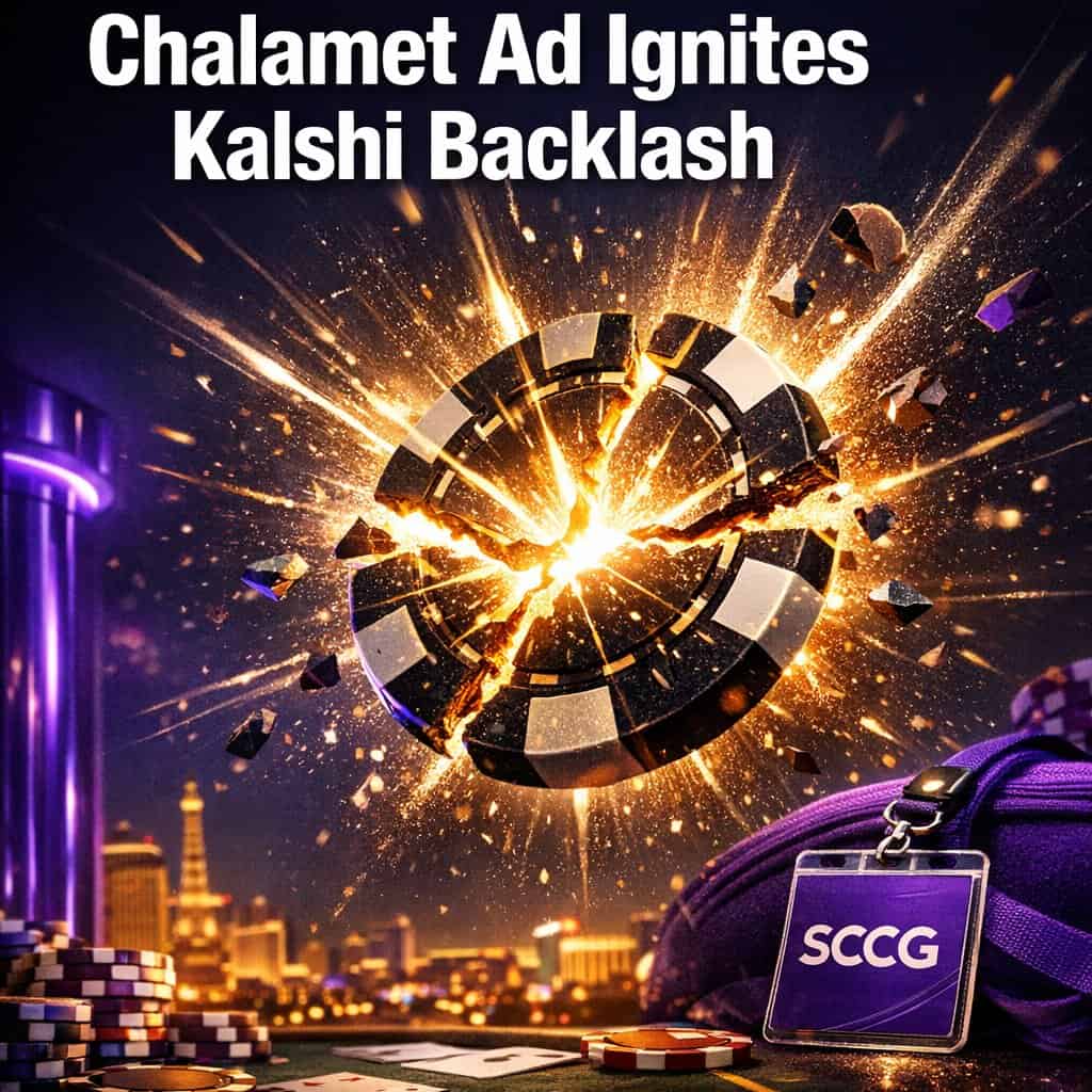 A glowing prediction-market chip fractures in mid-air over a bright city skyline, shards and light bursting outward in dramatic slow motion.