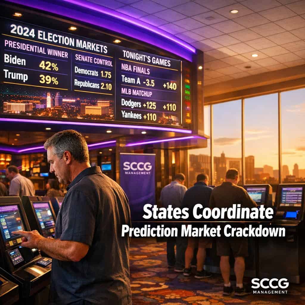 A glowing sportsbook odds board shows live prediction market contracts above a busy casino floor where bettors place wagers at self-service terminals.
