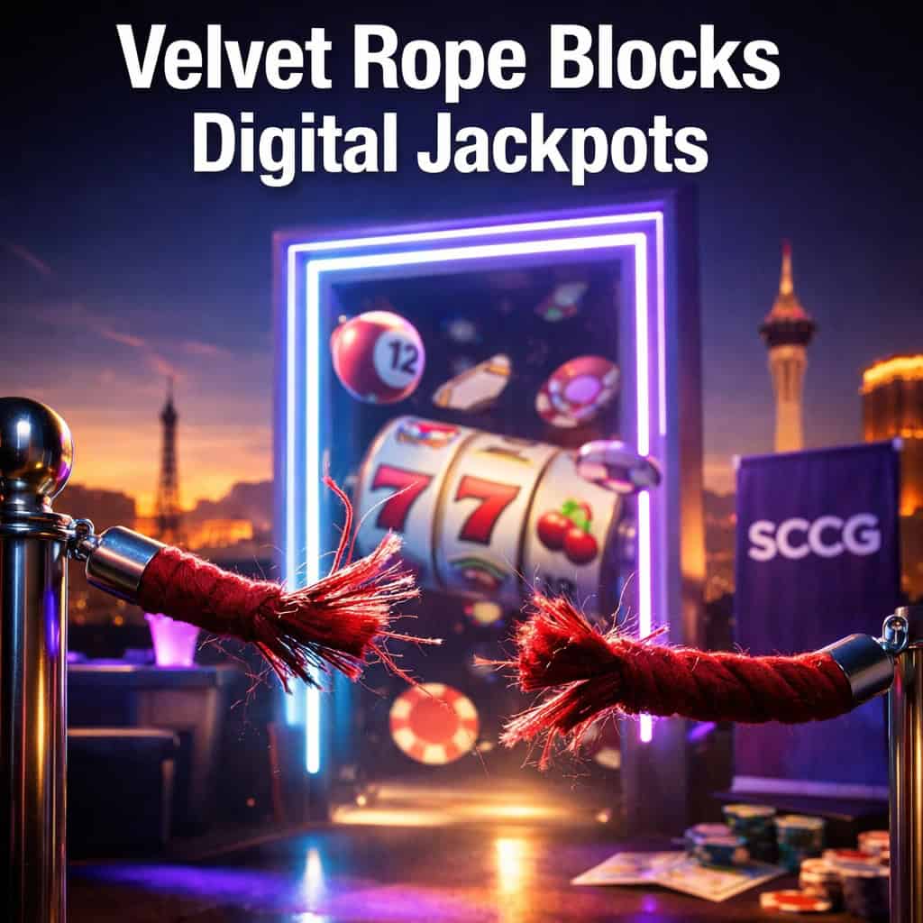 A velvet rope snapping taut across a glowing digital doorway framed by sweeping reel symbols.