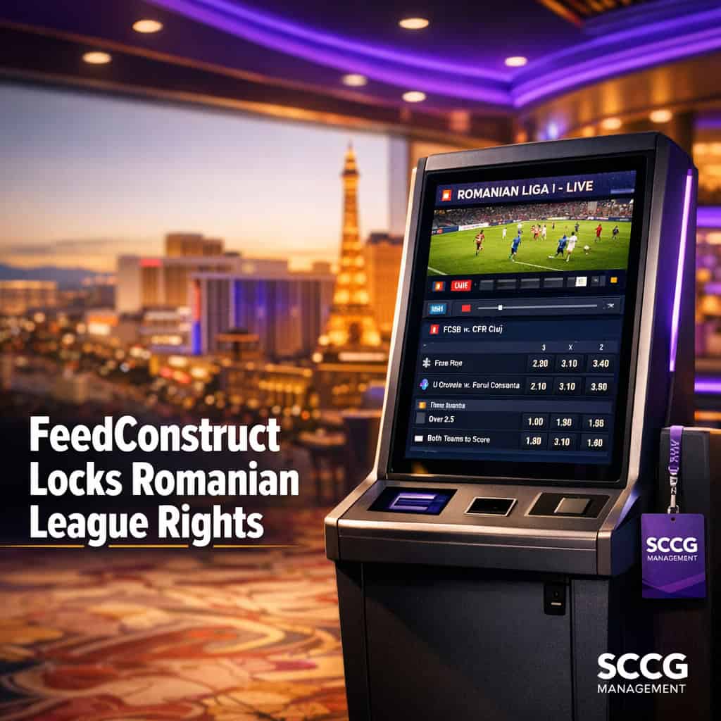 A betting terminal on a bright casino floor displays live Romanian Liga I football odds and streaming interface.