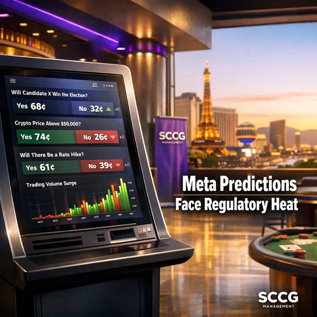A modern prediction-market trading terminal displays live event contracts and rising volume on a bright sportsbook concourse floor.